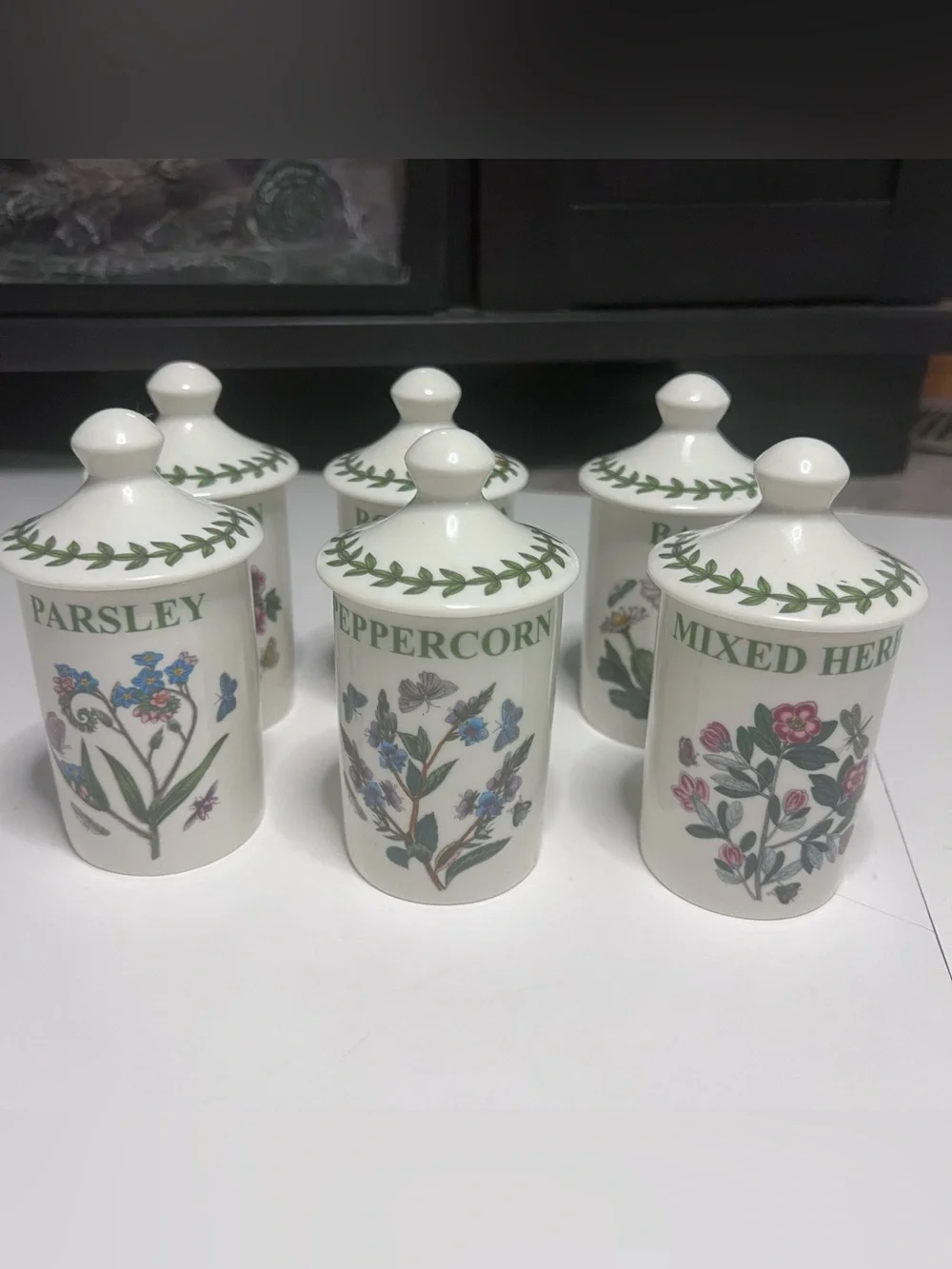 Portmeirion Botanical Herb Porcelain Spice Jars in White and Green